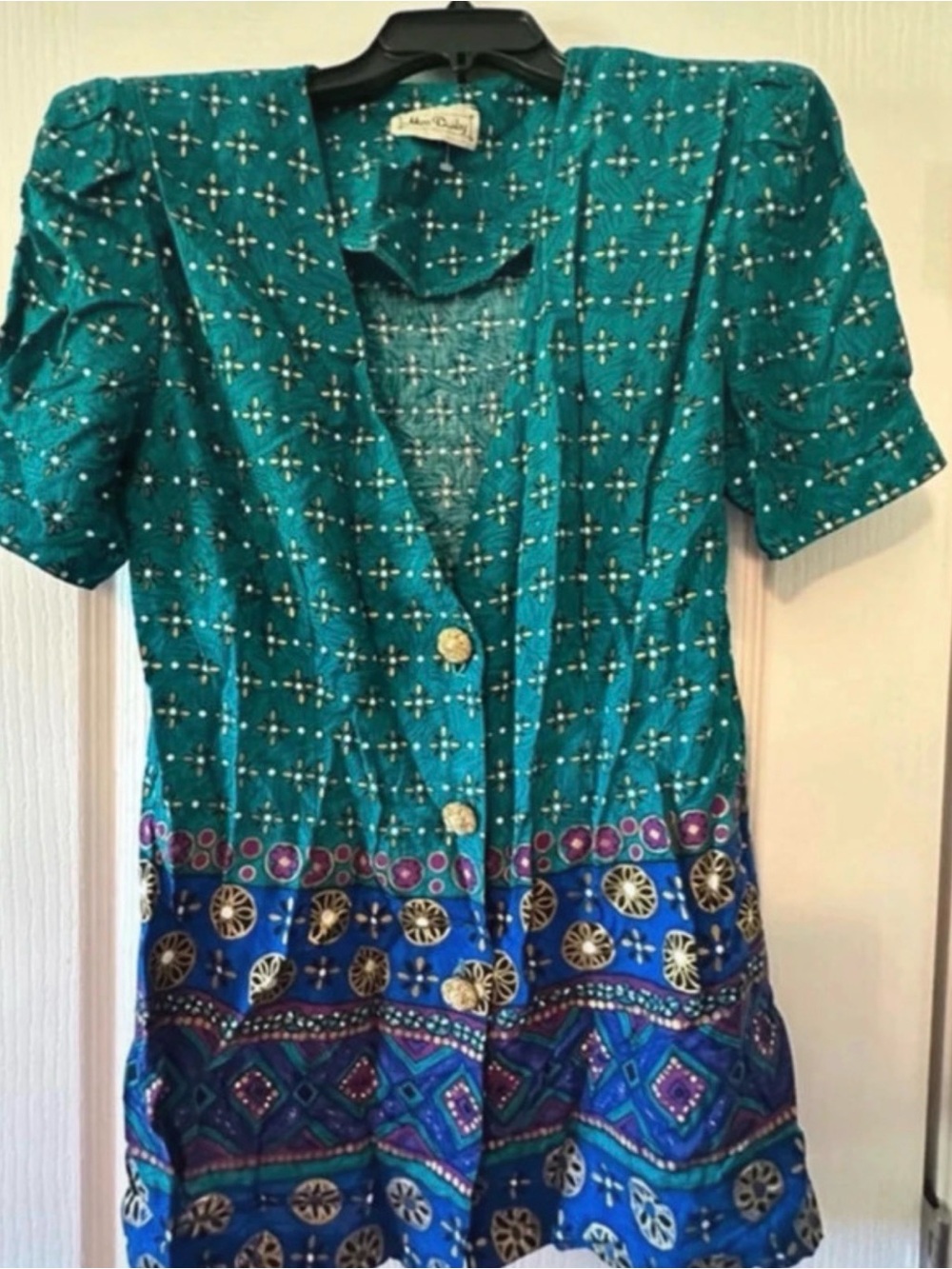 Vintage Teal & Royal Blue Patterned Short Sleeve Blouse